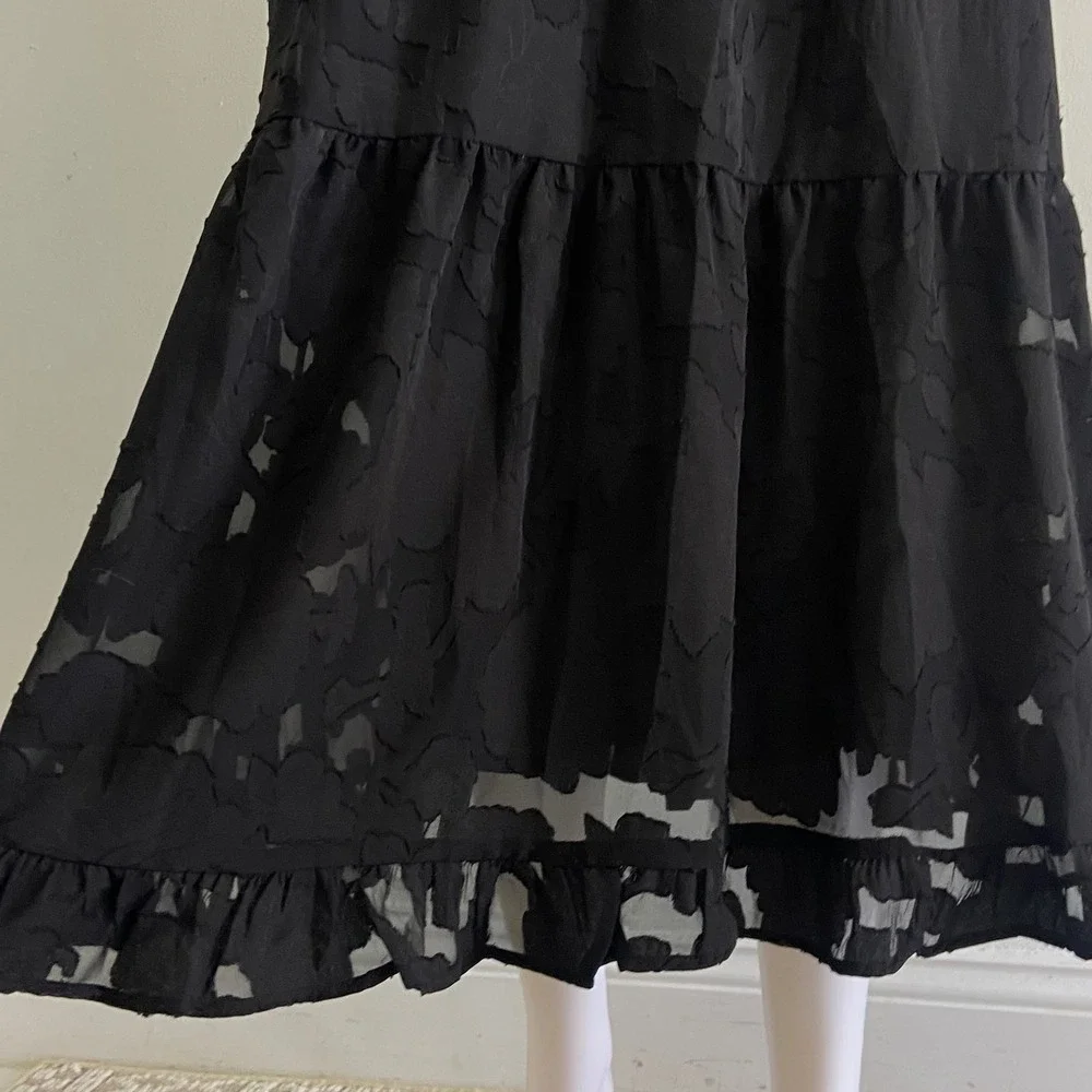 Heartloom Black Burnout Floral Ruffle Midi Dress Smocked Back Cutout Size M